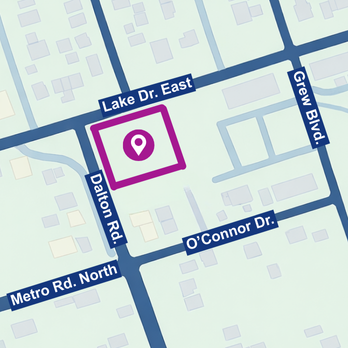 A map showing a location marker at the project site on the southeast corner of the intersection at Lake Drive East and Dalton Road.