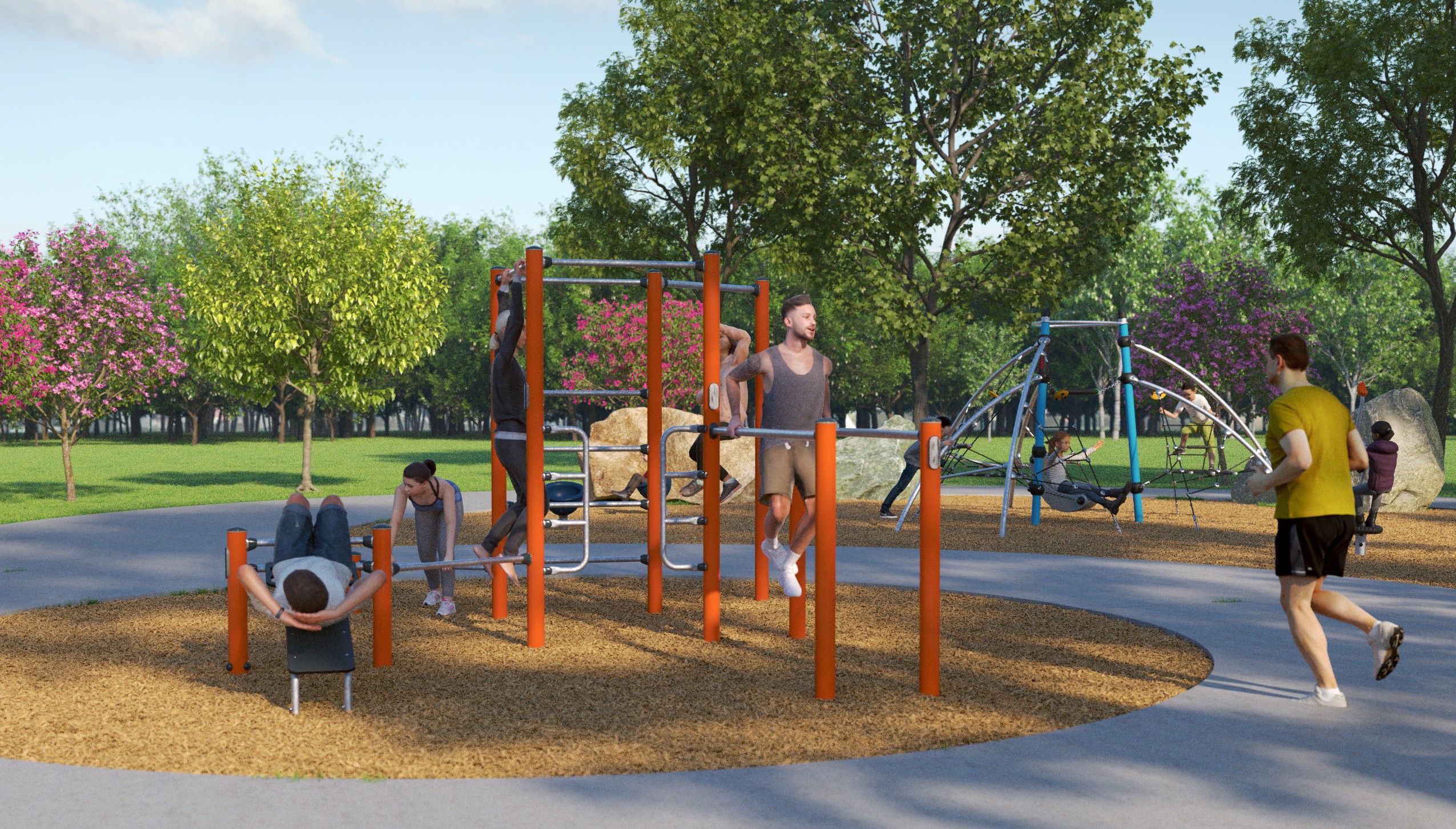 Artist's rendering of Ainslie Hill Park, depicting adults using adult outdoor fitness equipment and children playing on an outdoor play structure surrounded by greenery, trees and paved pathways.