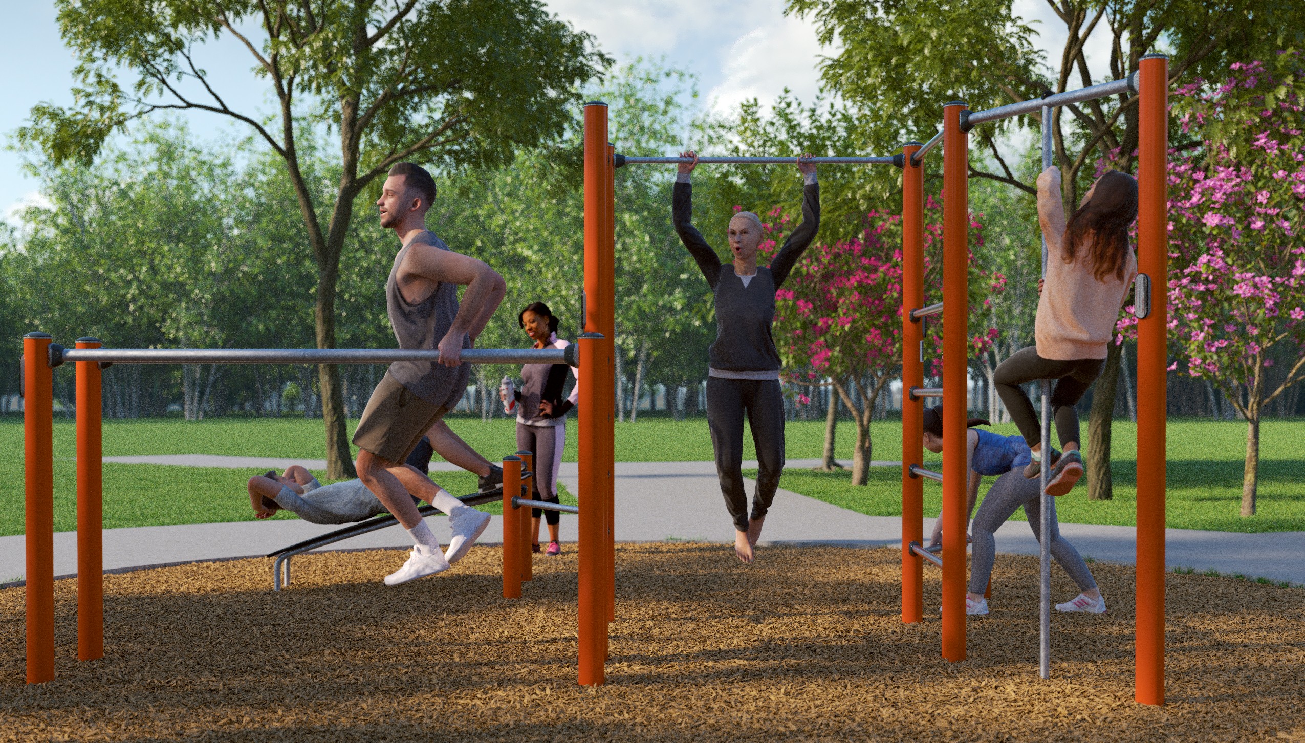 Artist's rendering of Ainslie Hill Park, depicting adults using adult outdoor fitness equipment surrounded by greenery, trees and paved pathways.