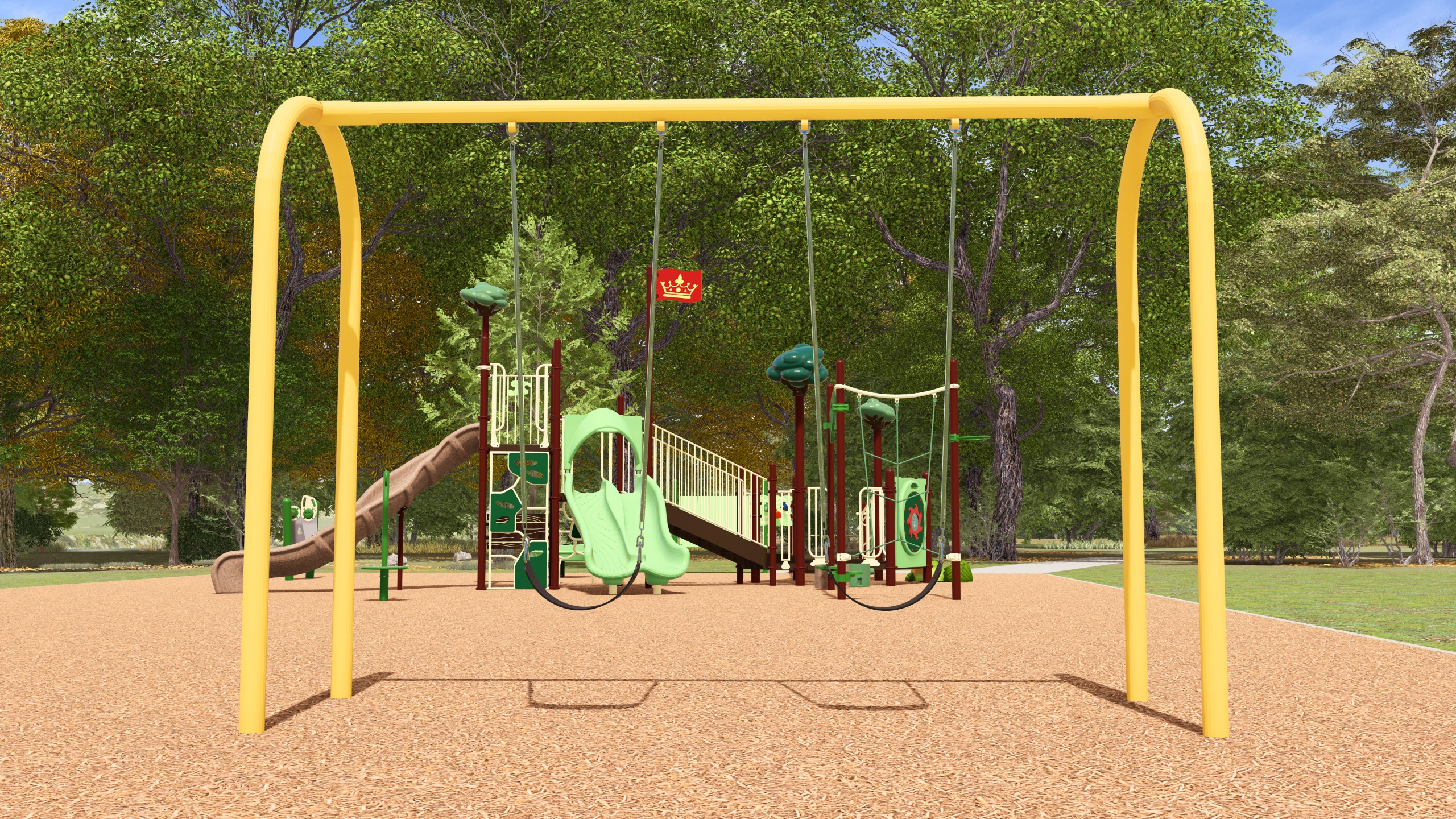 An artist's rendering of a playground with rope climbing feature, accessible ramp, swings and two slides.