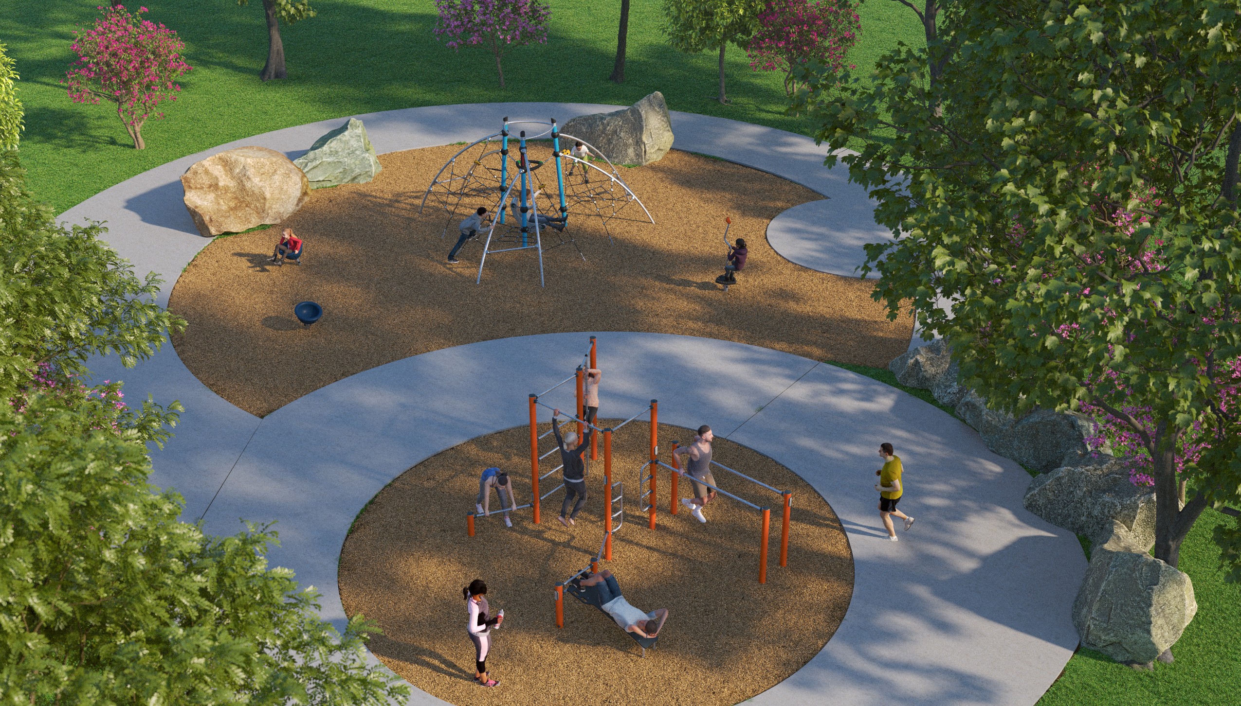 Artist's rendering of Ainslie Hill Park, depicting adults using adult outdoor fitness equipment and children playing on an outdoor play structure surrounded by greenery, trees and paved pathways.
