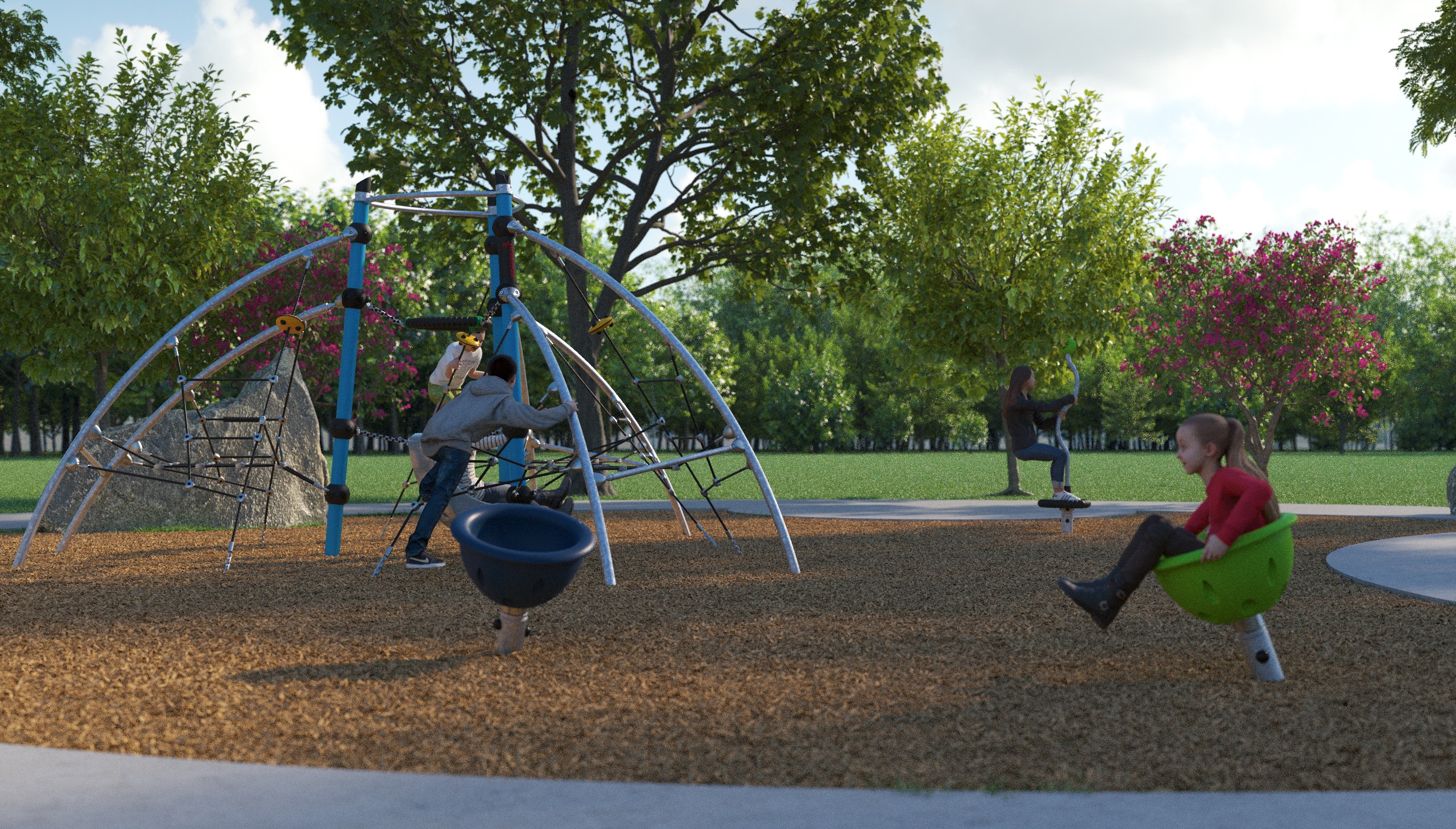 Artist's rendering of children playing on an outdoor play structure surrounded by greenery, trees and paved pathways.