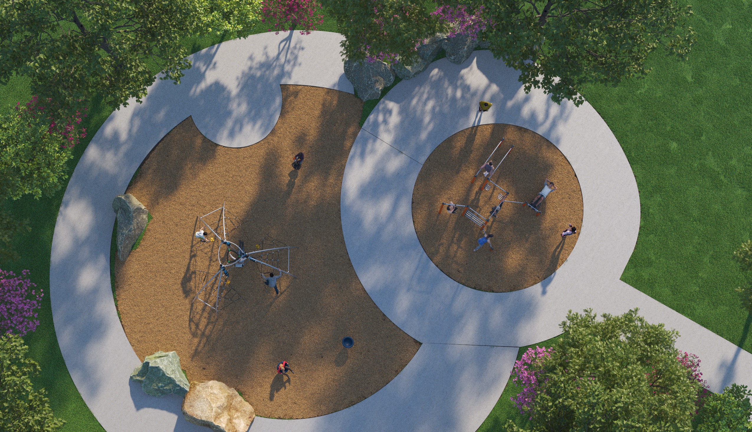 Artist's rendering of an aerial view of Ainslie Hill Park from above, depicting adults using adult outdoor fitness equipment and children playing on an outdoor play structure surrounded by greenery, trees and paved pathways.
