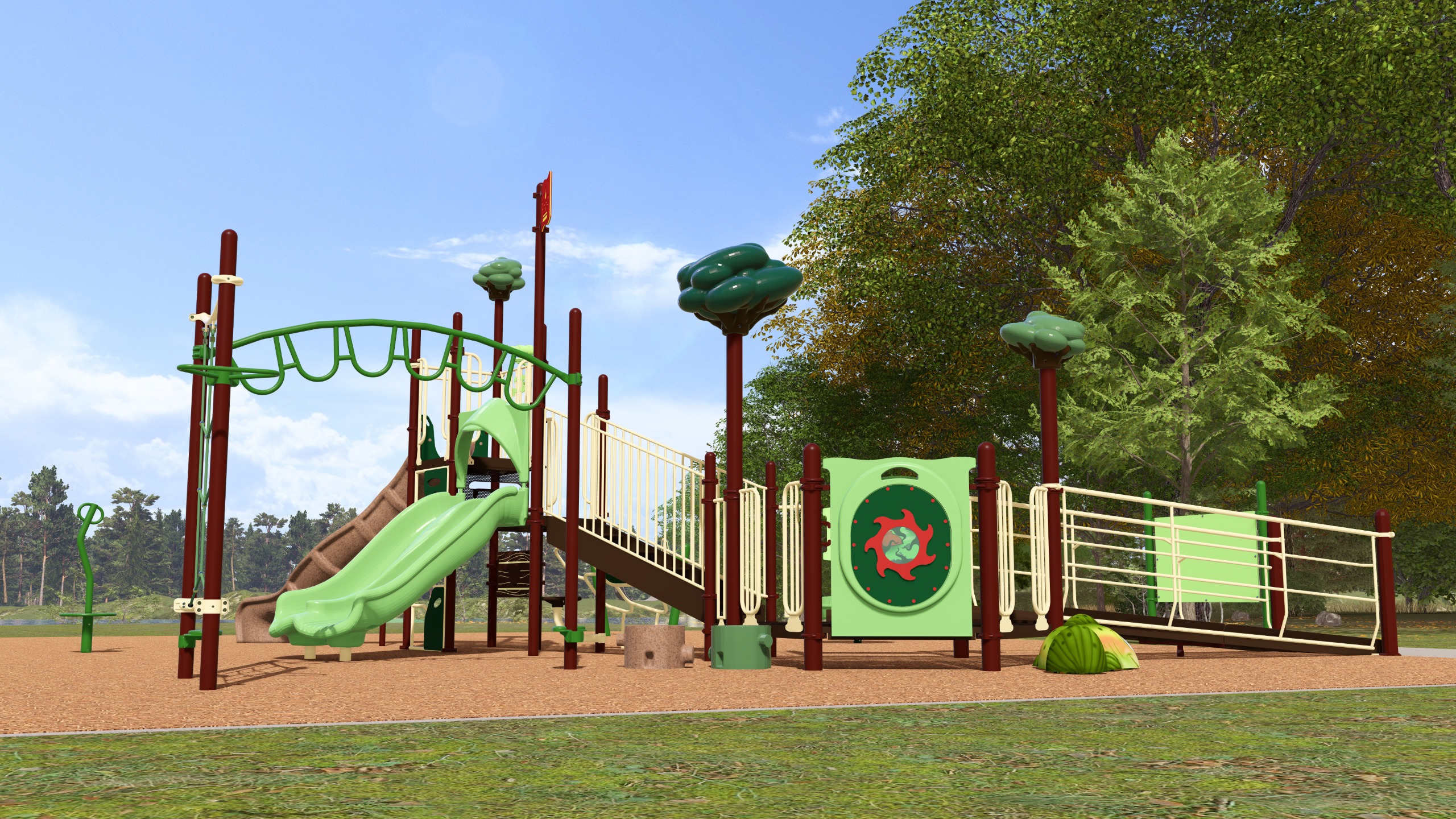 An artist's rendering of a playground with rope climbing feature, accessible ramp, swings and two slides.