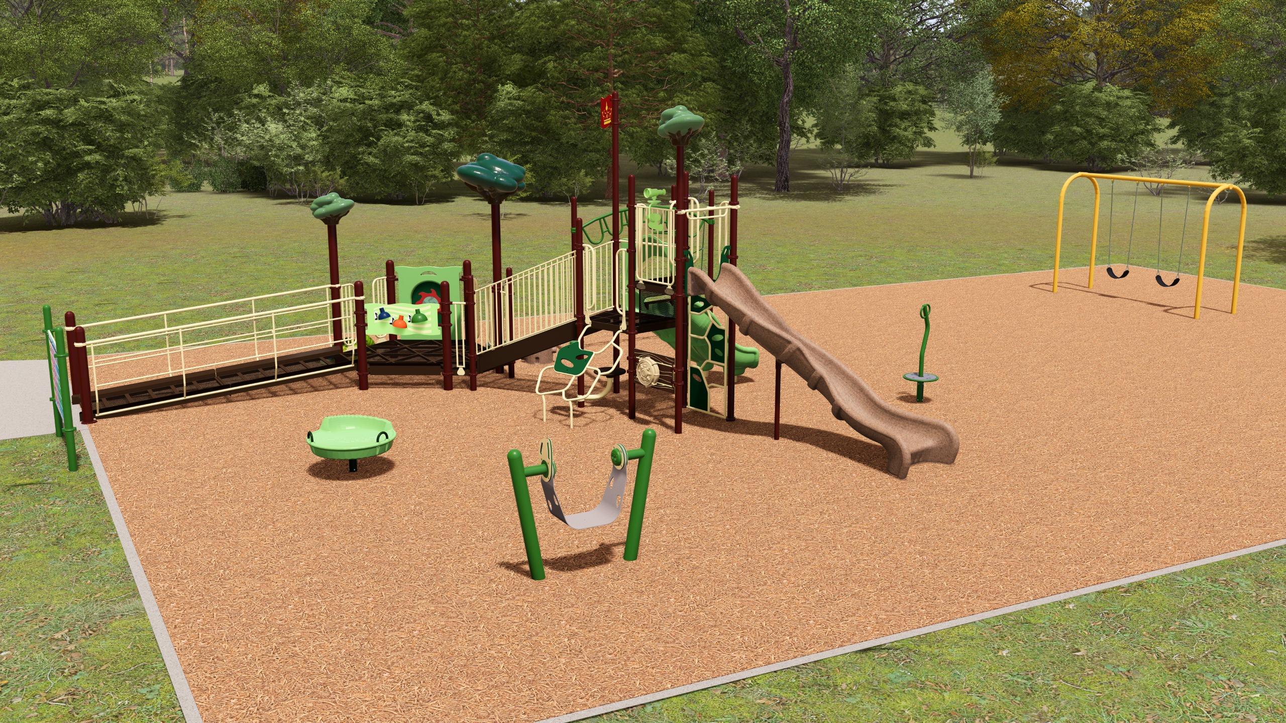 An artist's rendering of a playground with rope climbing feature, accessible ramp, swings and two slides.