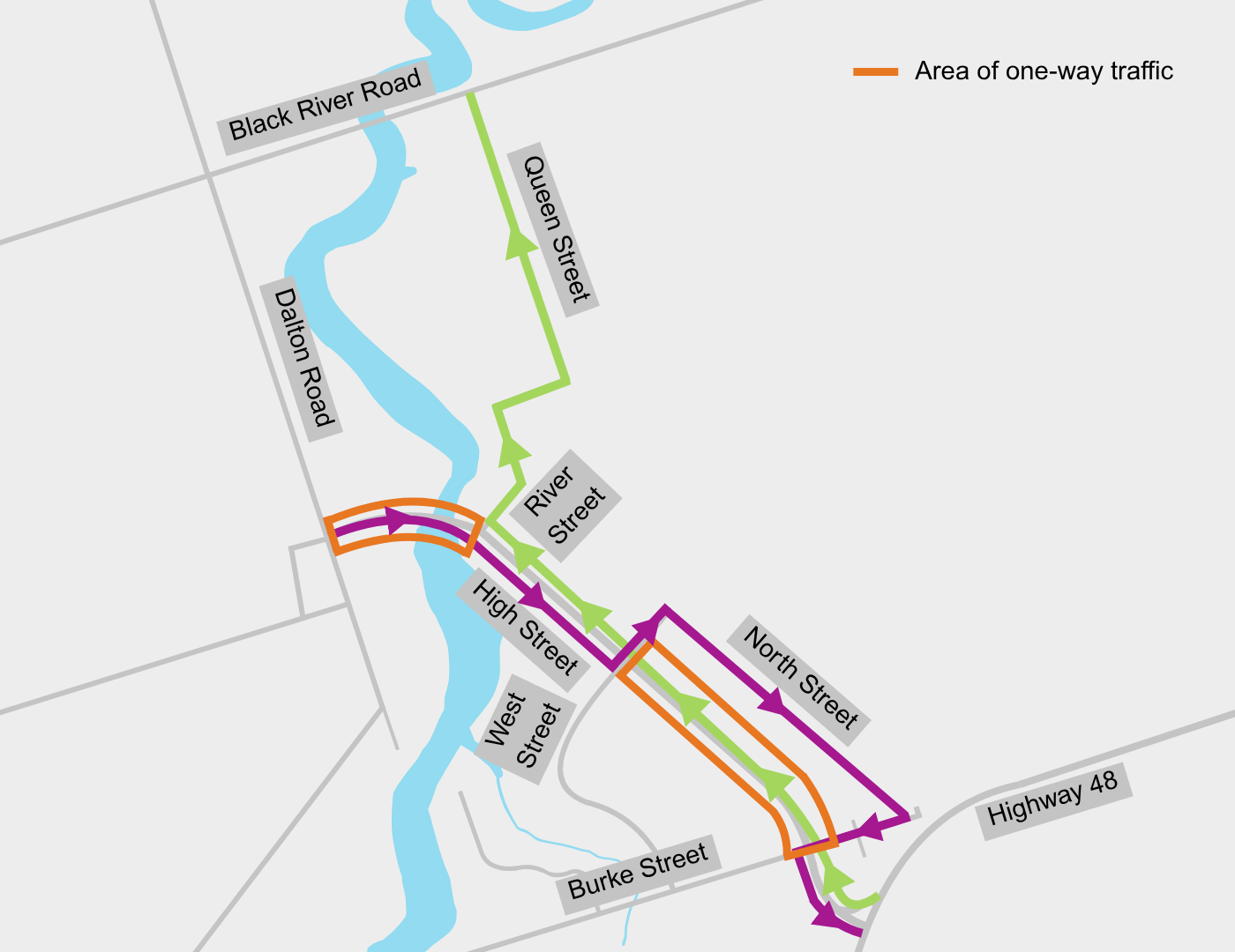 Map of local detour for High Street Reconstruction project. Northbound traffic is rerouted from River Street to Queen Street to Black River Road. Southbound traffic is rerouted from West Street to North Street until Burke Street.
