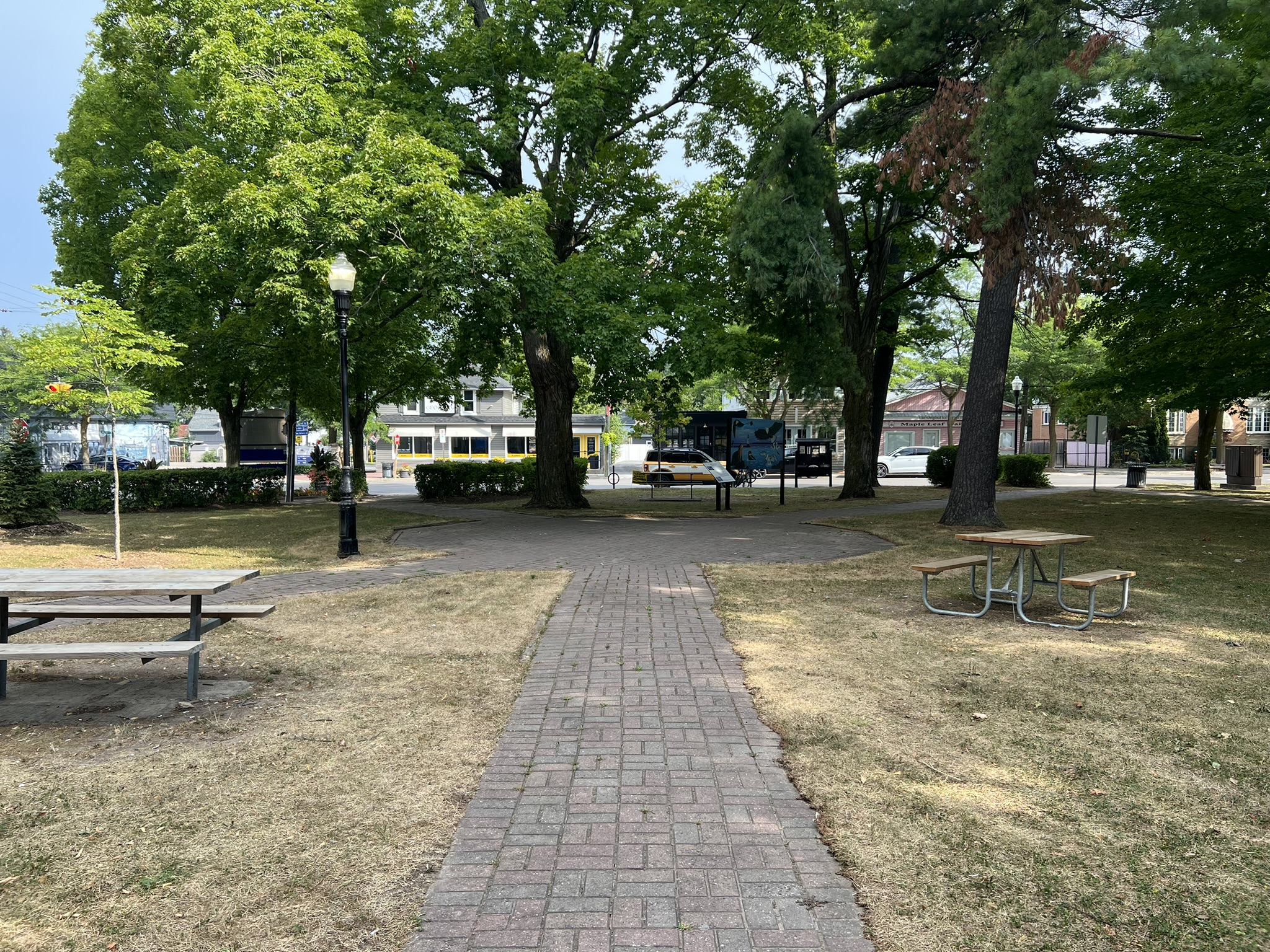 Multiple stone pathways leading into paved area