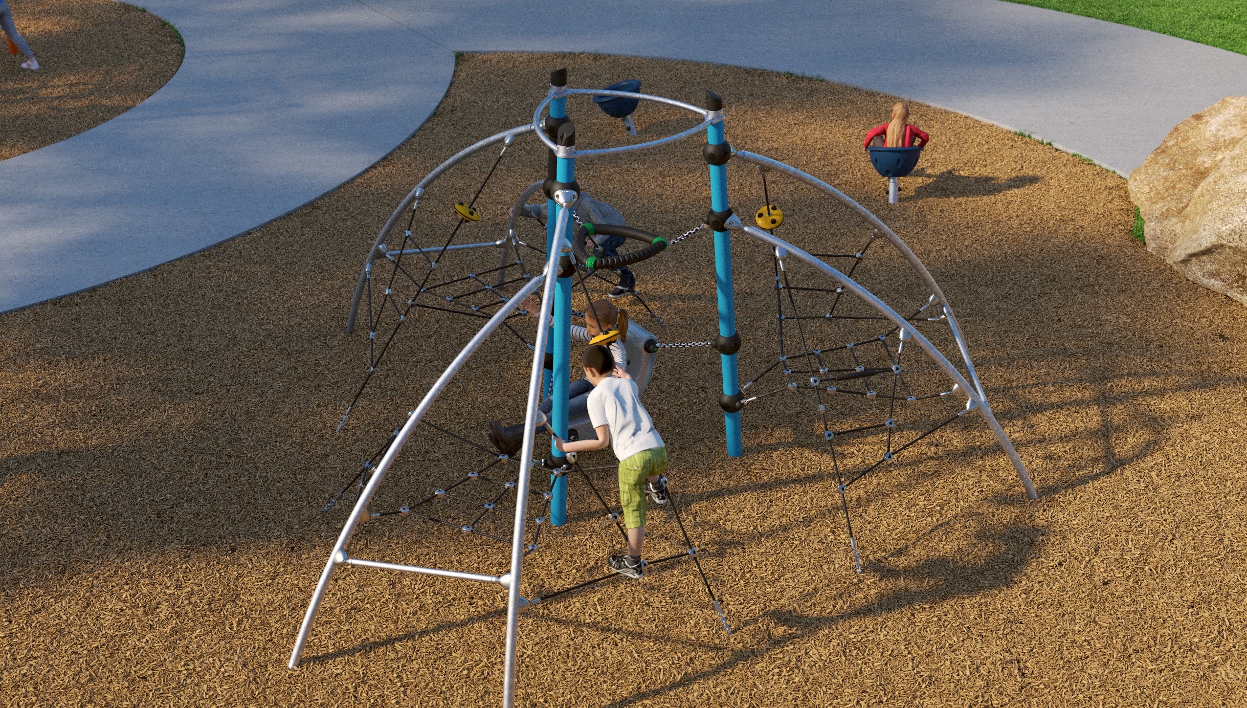 Artist's rendering of Ainslie Hill Park, children playing on an outdoor play structure surrounded by greenery, trees and paved pathways.