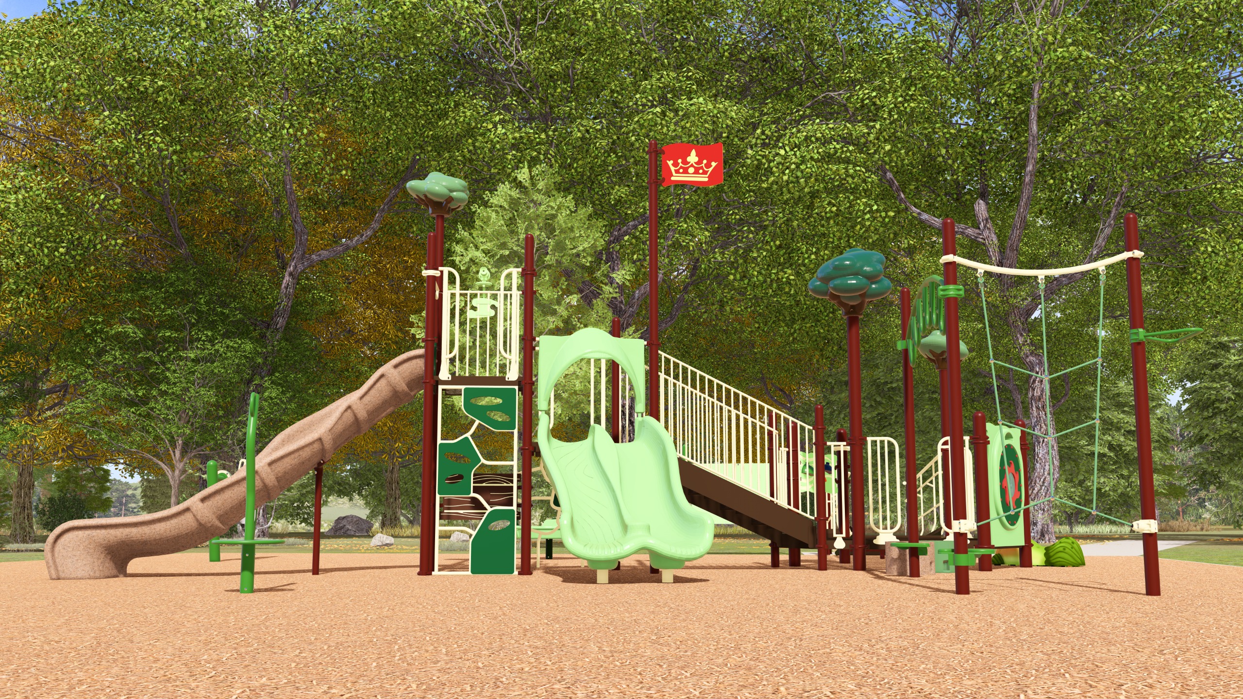 An artist's rendering of a playground with rope climbing feature, accessible ramp, swings and two slides.