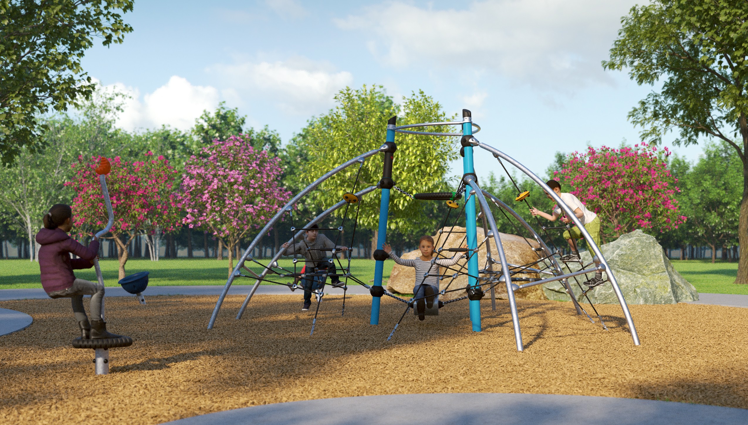 Artist's rendering of Ainslie Hill Park, depicting children playing on an outdoor play structure surrounded by greenery, trees and paved pathways.