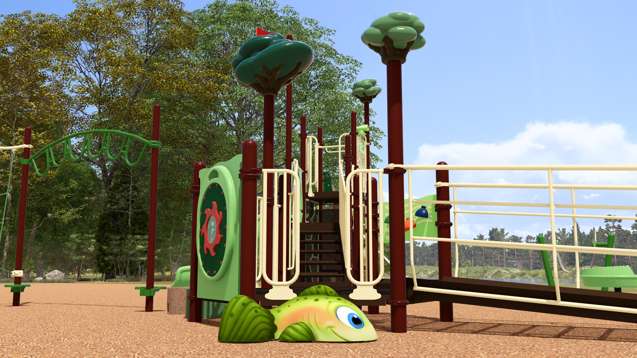 An artist's rendering of a playground with rope climbing feature, accessible ramp, swings and two slides.