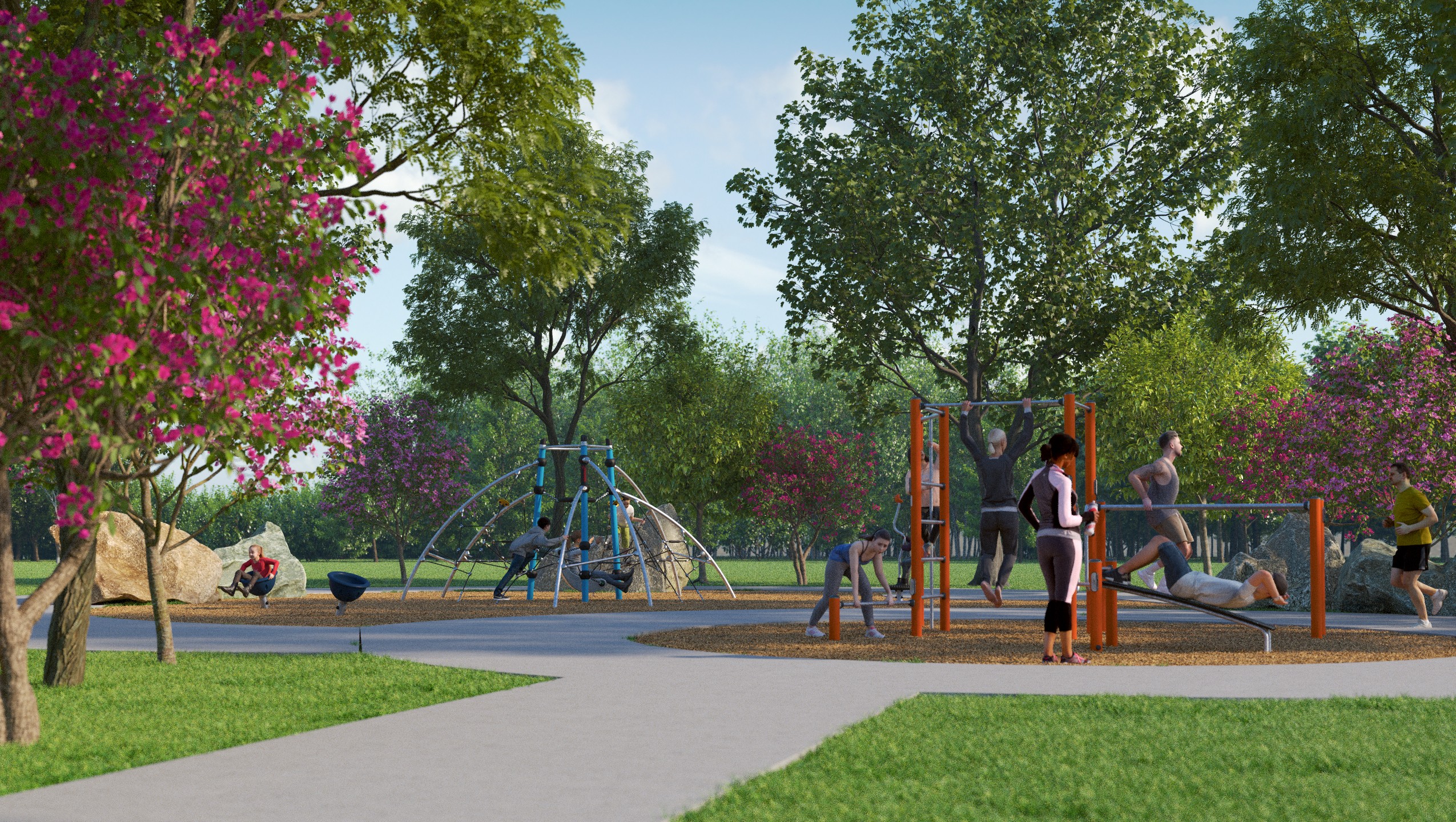 Artist's rendering of Ainslie Hill Park, depicting adults using adult outdoor fitness equipment and children playing on an outdoor play structure surrounded by greenery, trees and paved pathways.