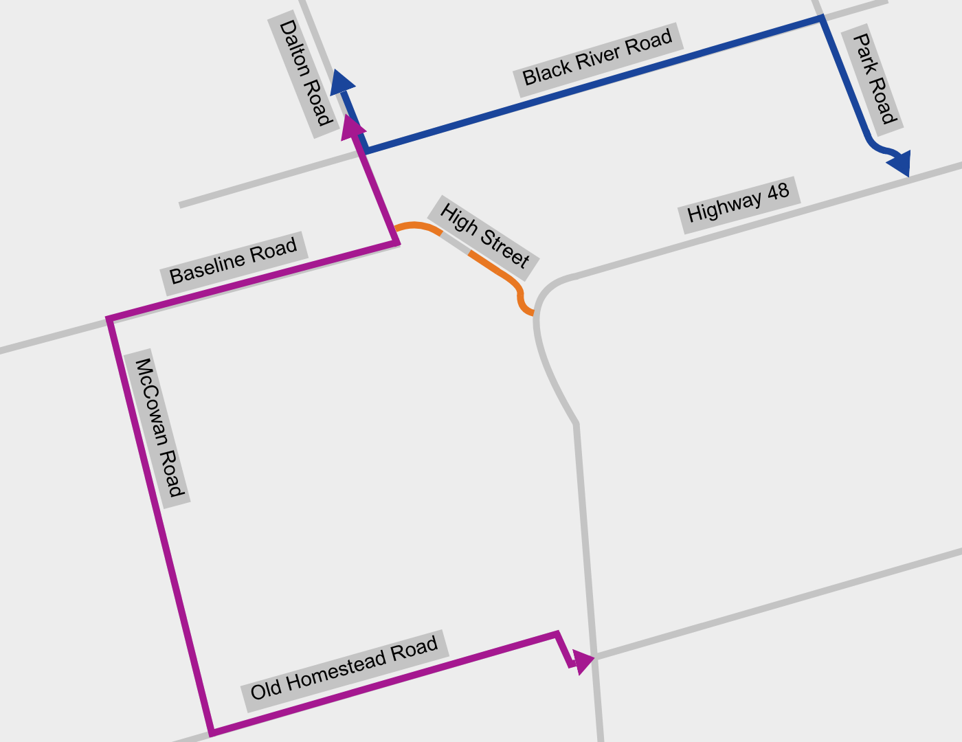 Map of construction bypass detours. Vehicles travelling west/south along Highway 48 can take Park Road to Black River Road to Dalton Road. Vehicles travelling north/east on Highway 48 can take Old Homestead Road to McCowan Road to Baseline Road to Dalton 