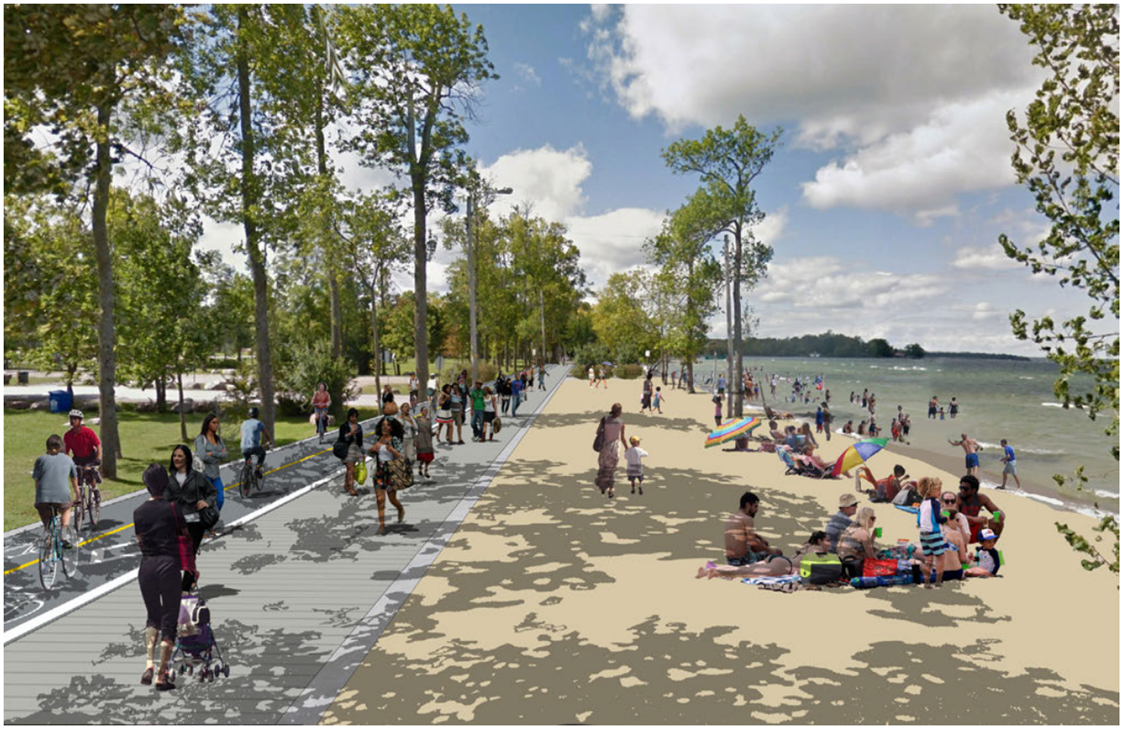 Rendering of transformed Lake Drive with pedestrian promenade and expanded sand beach