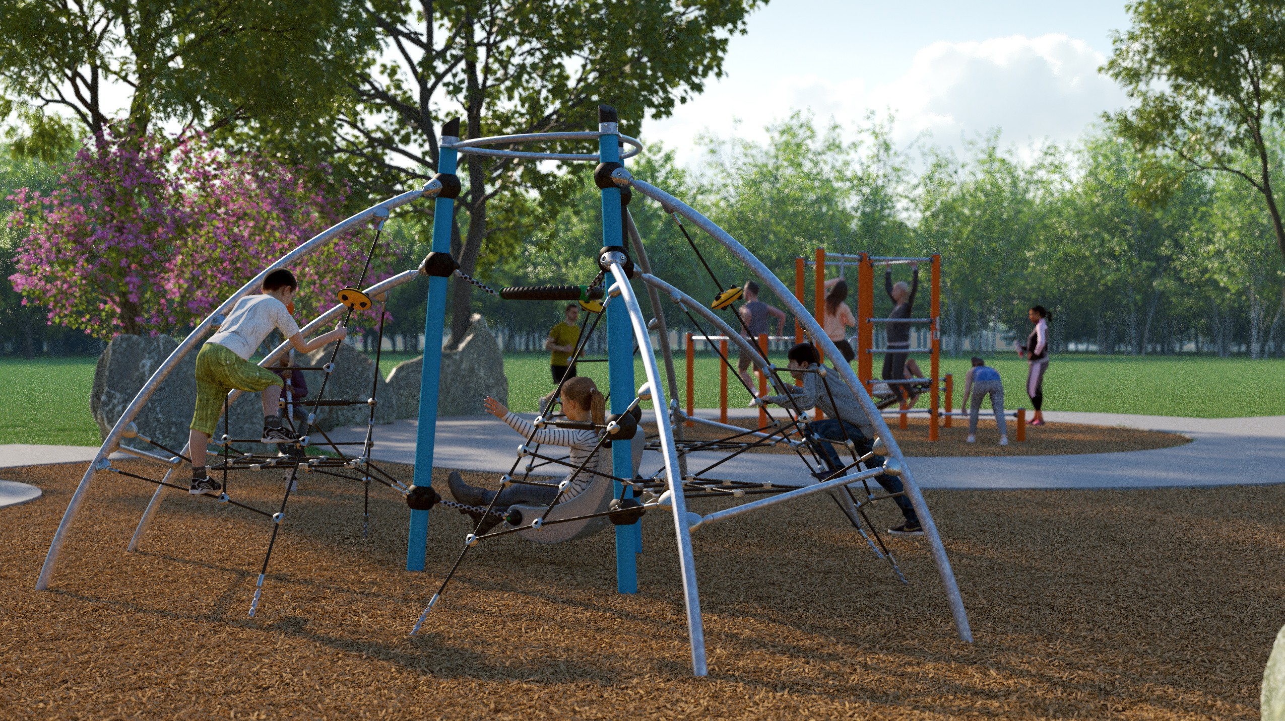 Artist's rendering of Ainslie Hill Park, depicting children playing on an outdoor play structure surrounded by greenery, trees and paved pathways.