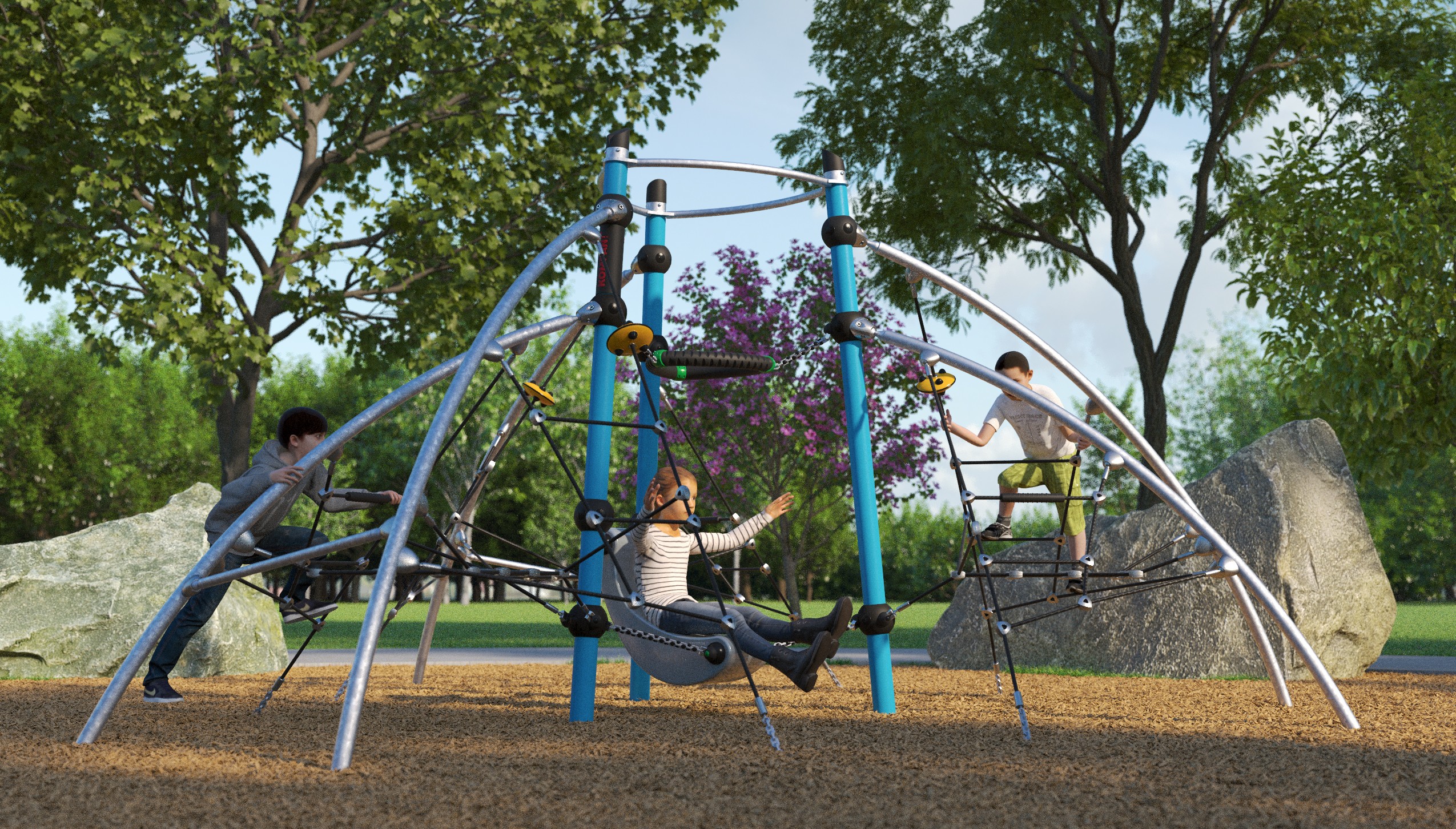 Artist's rendering of Ainslie Hill Park, depicting children playing on an outdoor play structure surrounded by greenery, trees and paved pathways.