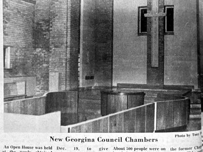 Newspaper clipping showing the old Civic Centre Council Chambers in the former Novitiate.