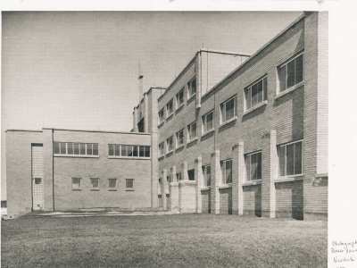 Black and white photo of side view of Novitiate building.