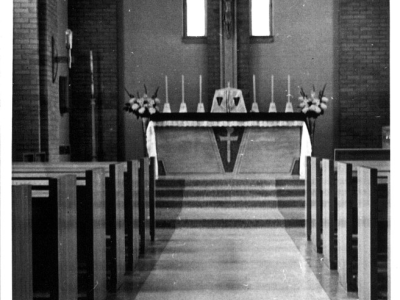 Black and white photo of the Novitiate chapel.