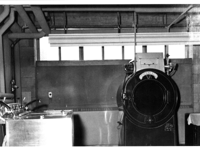 Black and white photo of Novitiate laundry room.