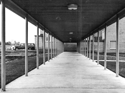 Black and white photo of Novitiate exterior, front view.