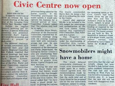 Newspaper clipping documenting the first council meeting at the old Civic Centre. 1974.