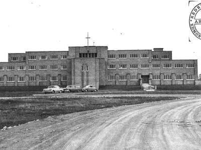 Front view of the Novitiate. Black and white photo.