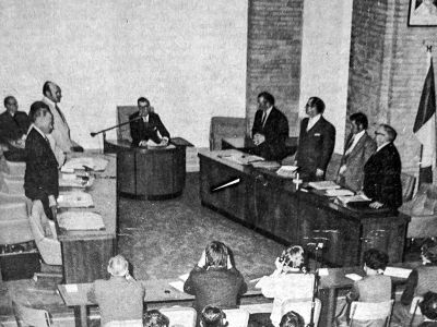 The first council meeting at the old Civic Centre. 1974.
