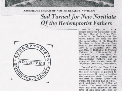 Newspaper clipping. Sod Turned for New Novitiate of the Redemptorist Fathers. Canadian Register. October 5, 1957.
