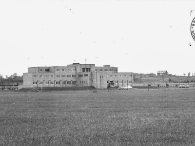 Black and white photo of Novitiate exterior from a distance.