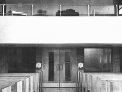 Black and white photo of Novitiate chapel entrance.